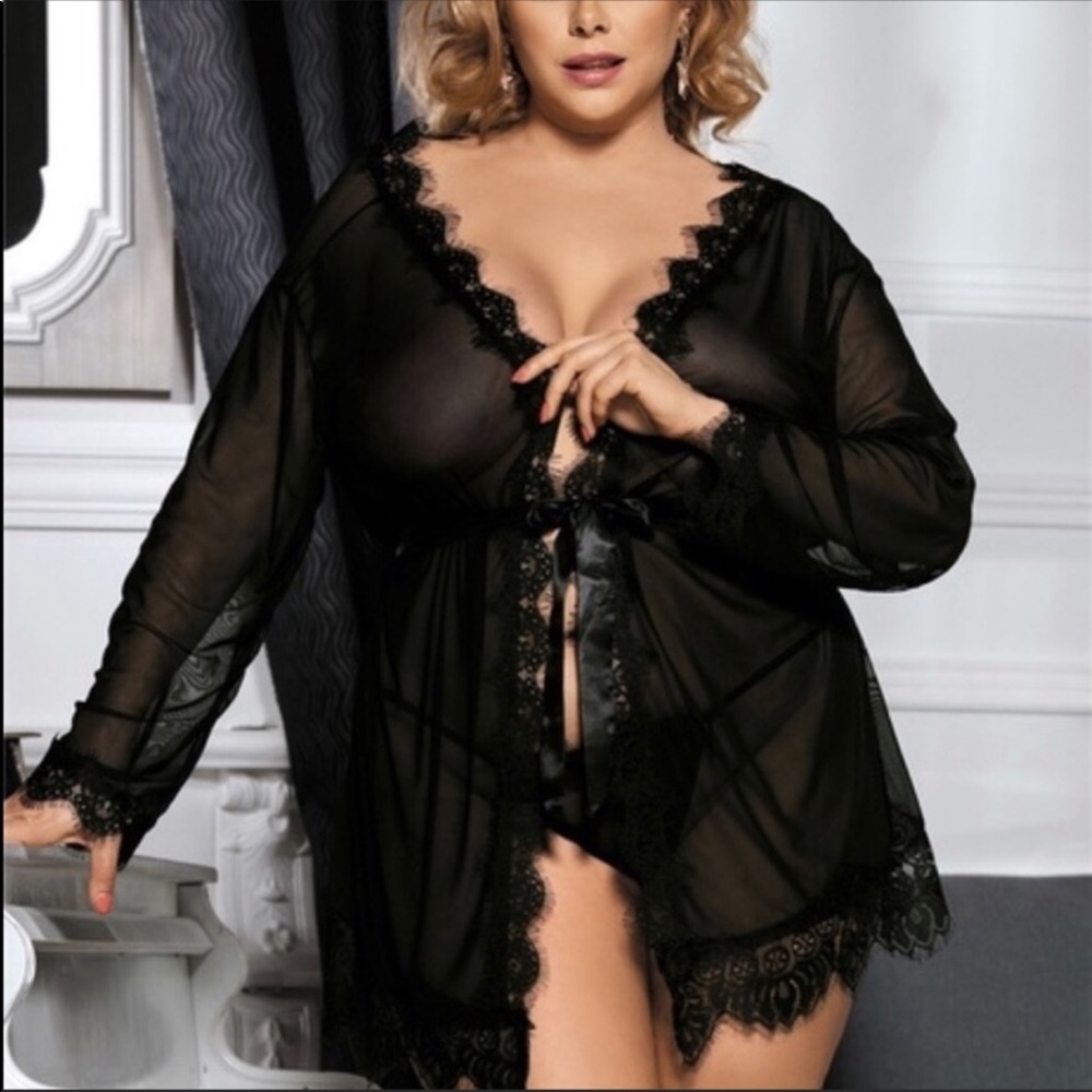 Plus Size Sheer Black & Lace Robe + G String Set